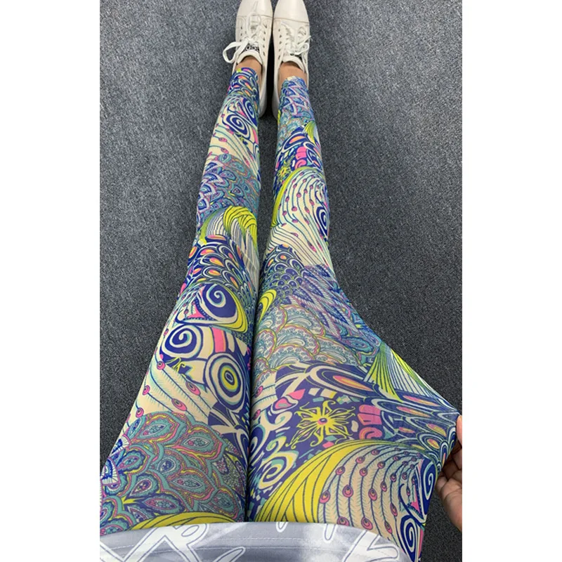 Leggings de malha de verão, calças femininas sexy respiráveis com protetor solar, ajuste fino, emagrecimento, alta elasticidade, calças estampadas ultrafinas