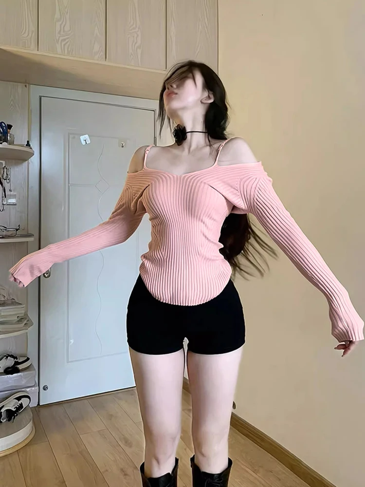 

Strive Umei Sexy One-Shoulder Knitted Base Shirt Women's plus Size Sweet And Spicy Spring Summer Knit Top Korean Style