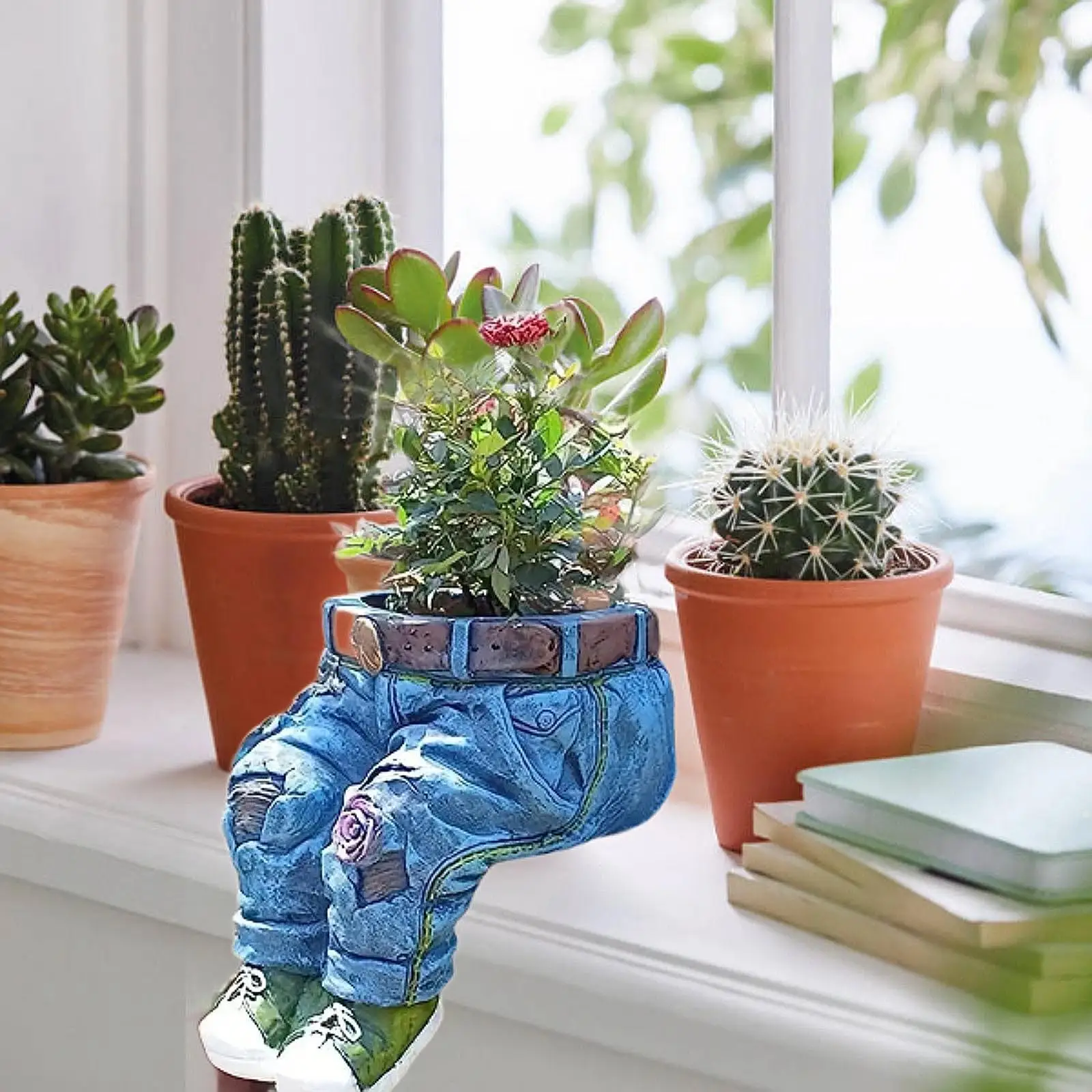 Resin Flower Vase Jeans Plant Pot Ornament Shelf Denim Pants Planter Plant Holder for Windowsill Indoor Plants Balcony Desk