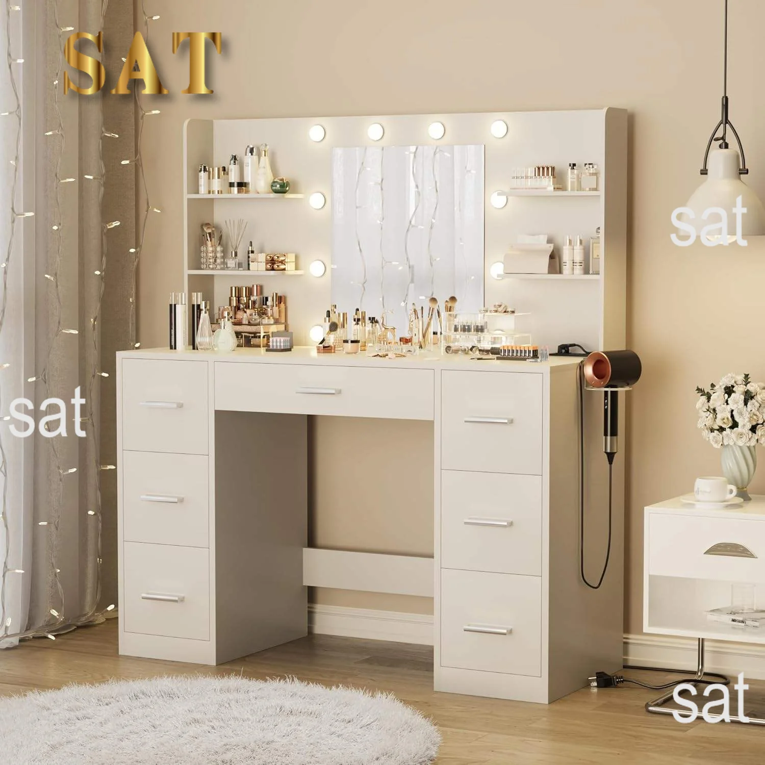 LK-Modern Bedroom Wood Makeup Vanity with LED Light Power Socket and 7 Drawers Elegant Dressing Table with Mirror#