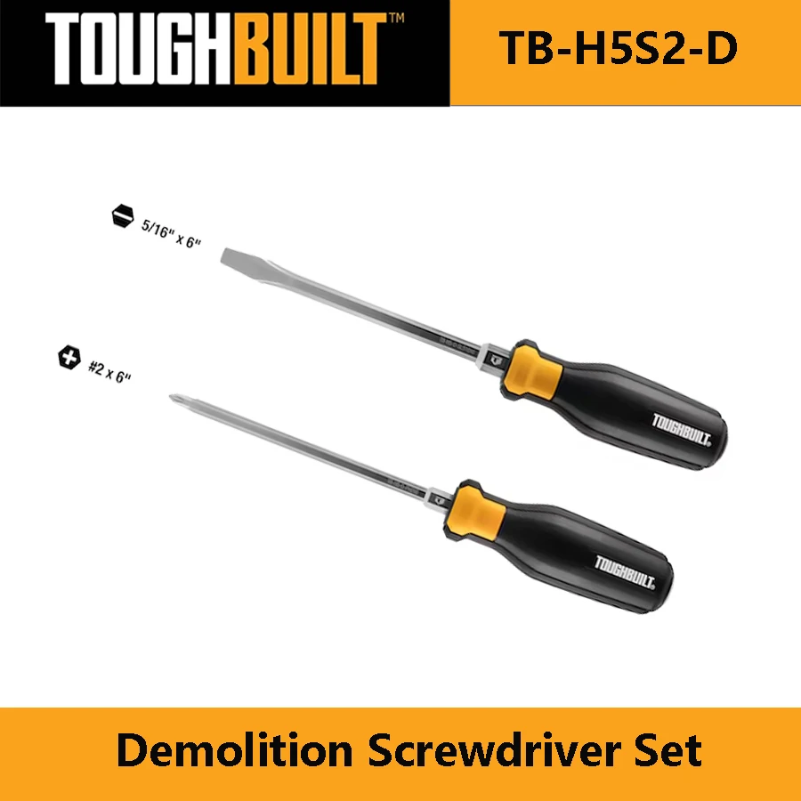 

TOUGHBUILT TB-H5S2-D Demolition Screwdriver Set 2PCS of PH 2x6" SL 5/16" x 6" Screwdriver Bits Steel Striking Gap Hand Tools