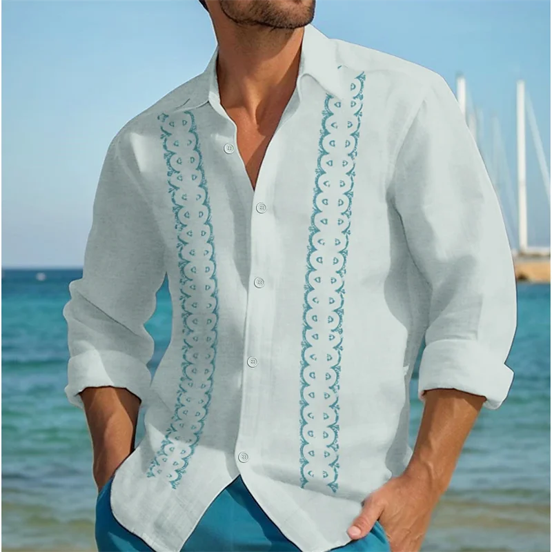 Chemises en lin décontractées à manches longues pour hommes, tenues de vacances hawaïennes à revers rayé, vêtements confortables, Y