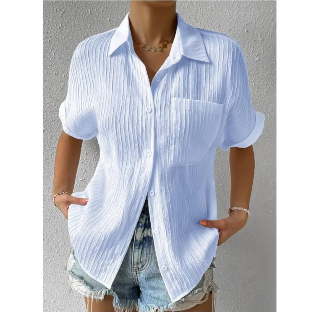 

Summer 2025 Pocket Short Sleeved Solid Color Temperament Casual Lapel And Raglan Shirt Short Sleeved Women's Clothing 여름 셔츠