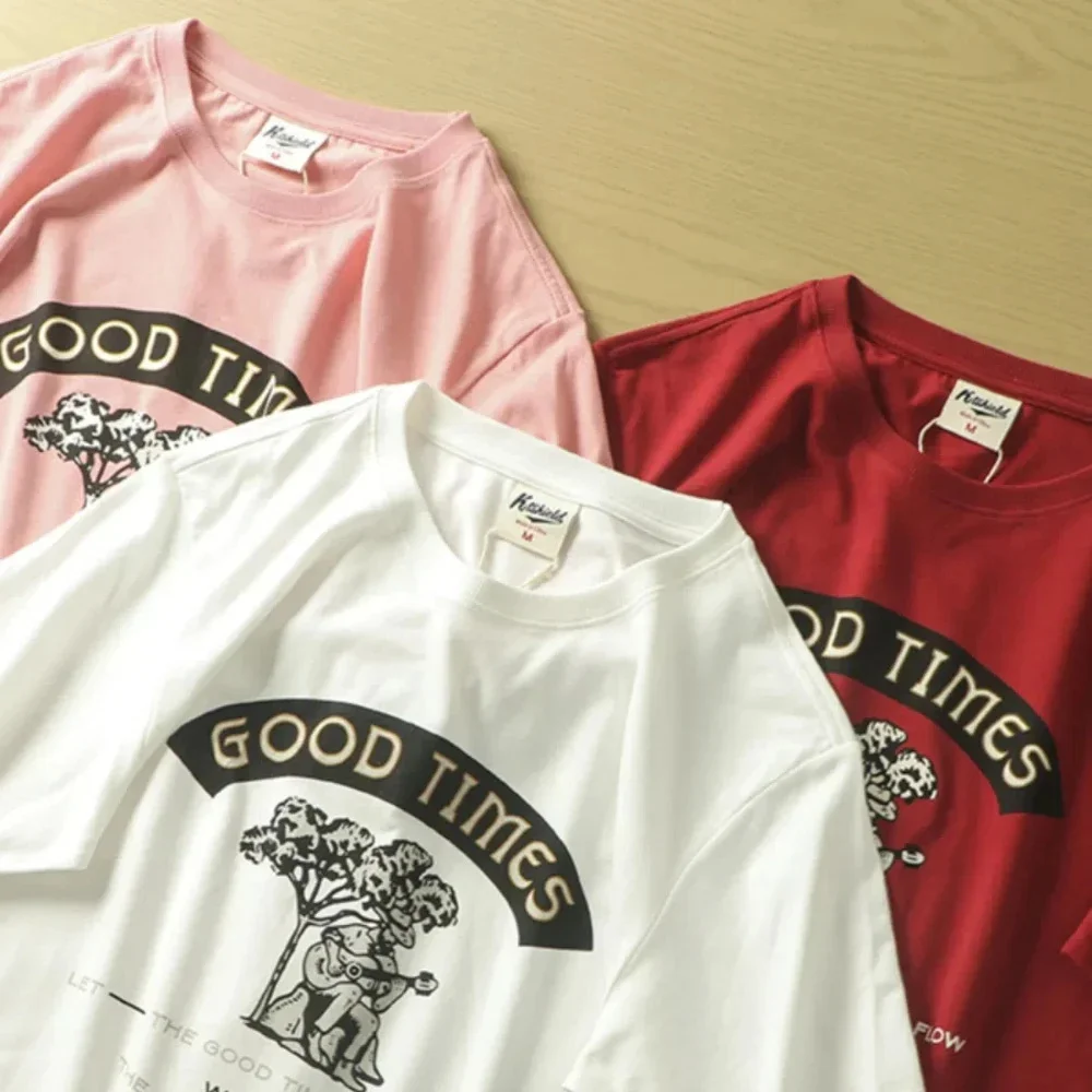 

2026 весна и лето, новая ретро-трендовая мужская футболка из чистого хлопка с принтом, свободная модная футболка с короткими рукавами и половиной рукавов