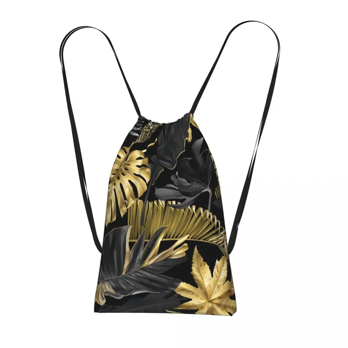 

Black Golden Leaf Print Backpacks Casual Drawstring Bags Storage Bag Book Bags for Man Woman Students