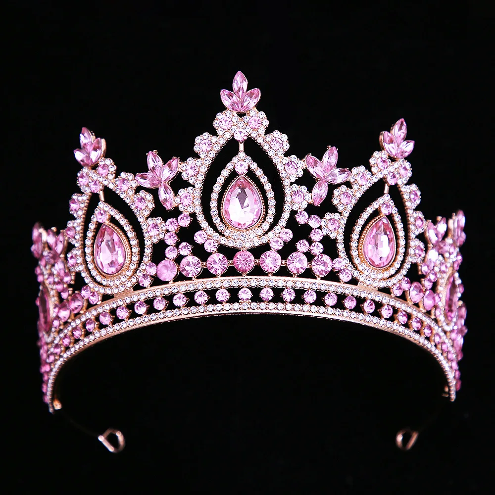 

Baroque Luxury Pink Crystal Royal Queen Wedding Crown Rhinestone Bride Diadem Pageant Headdress Tiaras Hair Jewelry Accessories