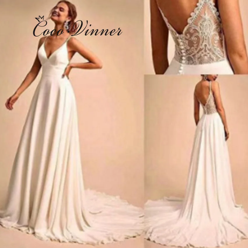 เปลือยโบสถ์รถไฟหรูหราชุดแต่งงานสายที่กําหนดเองคอวีแขนกุดปุ่มกลับชุดเจ้าสาวที่เรียบง่ายสําหรับผู้หญิงW1323