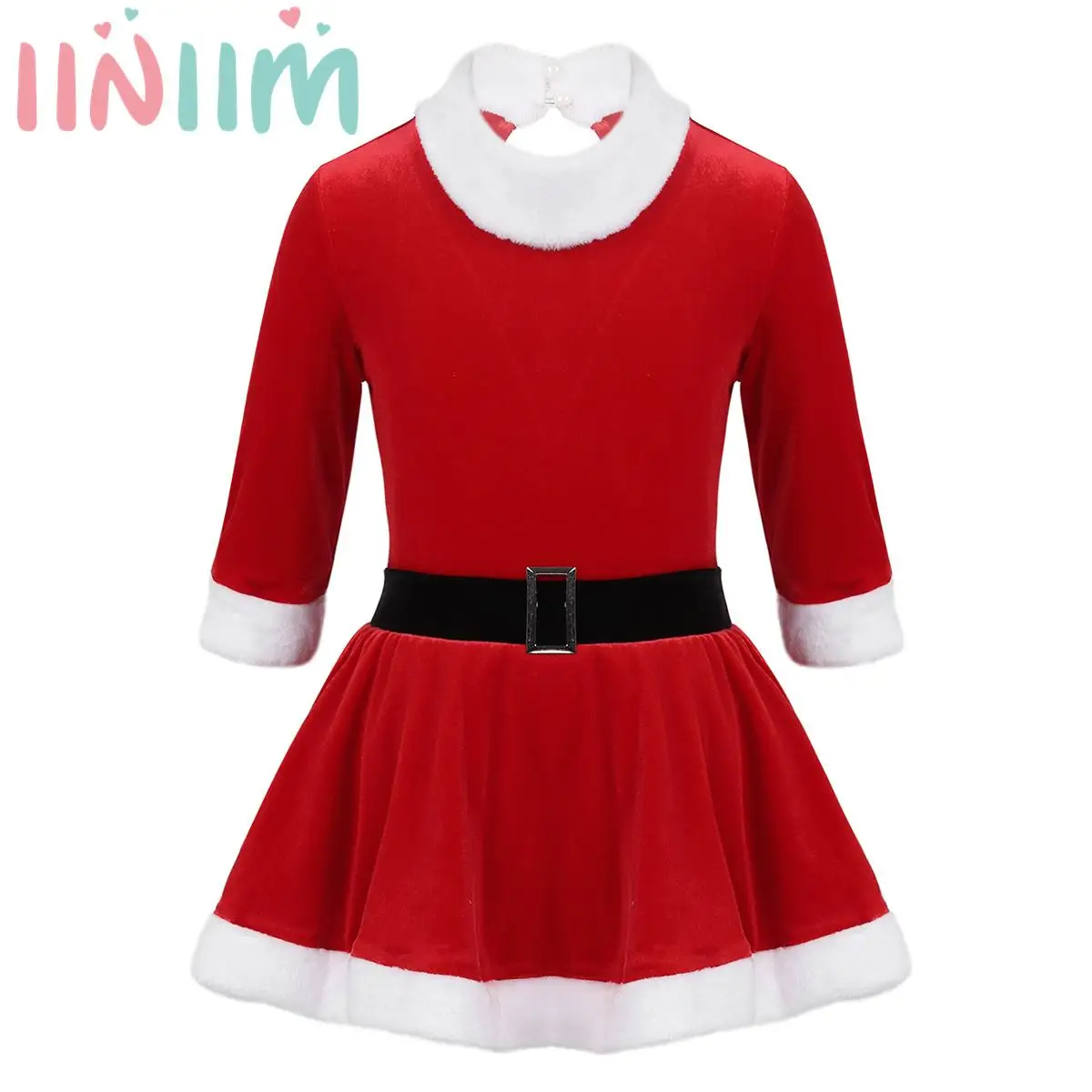 Kids Girls Christmas Velvet Santa Claus Costume Keyhole Back Figure Ice Skating Ballet Dance Tutu Dress Leotard Xmas Fancy Dress