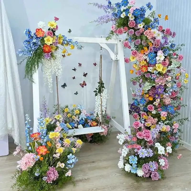 

Colorful Hyacinth Rose Greenery Flower Row Decor Wedding Backdrop Horn Arch Frame Aisle Floor Floral Party Window Display Props