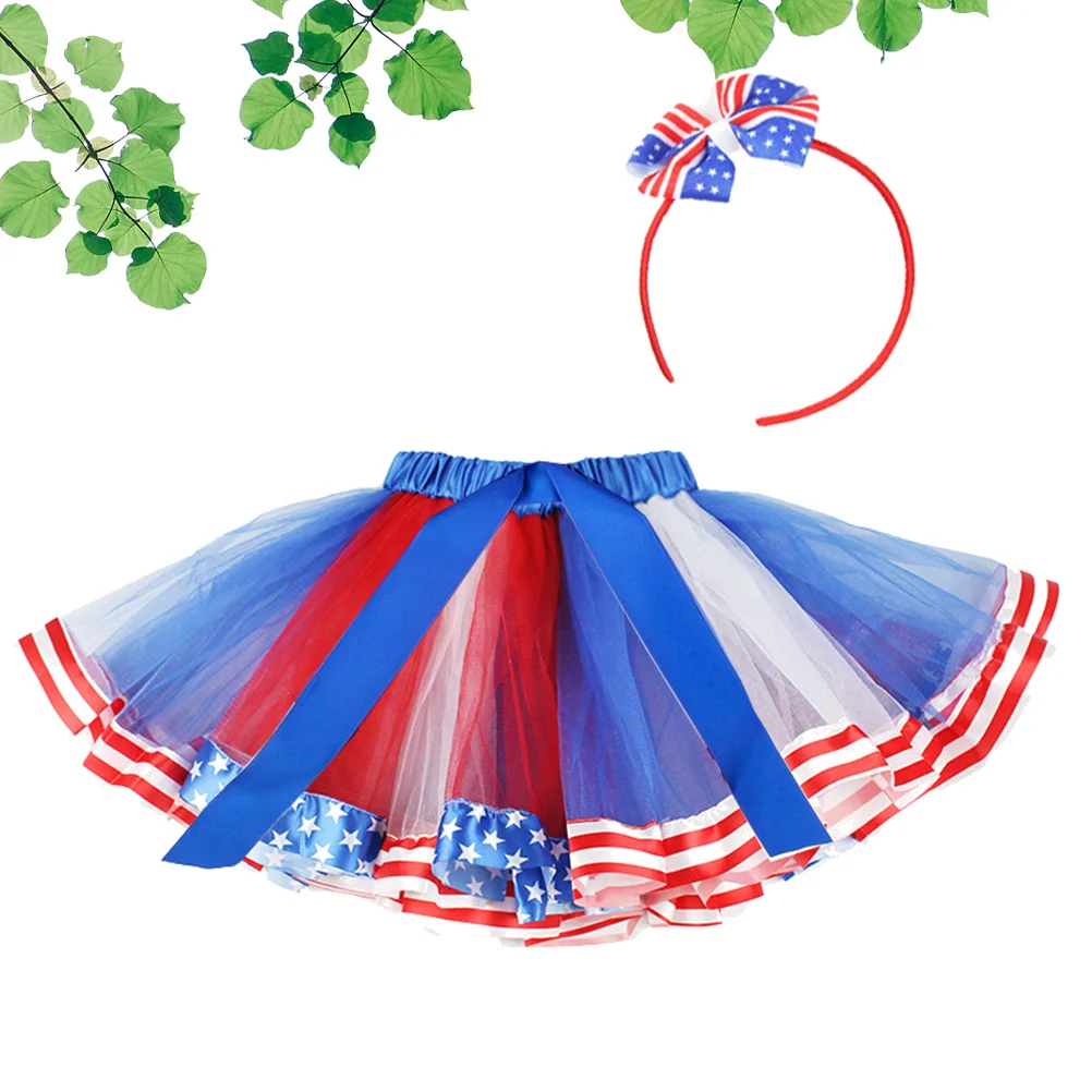 

2Pcs Flag Printed Mesh Skirt Fashion Women Dress Elastic Waist Party Dress for Independence Day Size L(Skirt+Hairhoop)