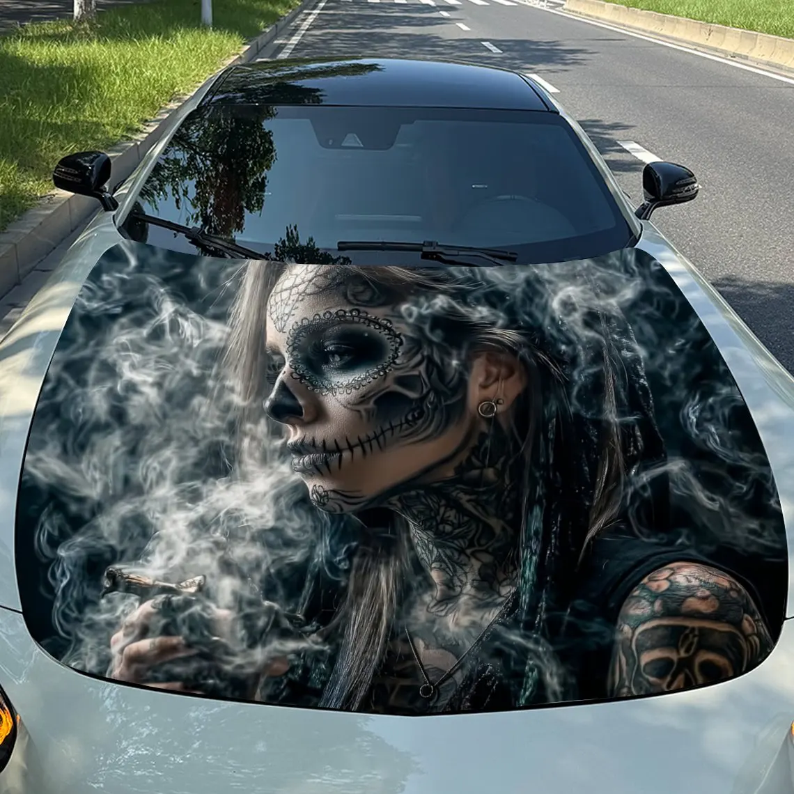 

Smoke Evil Woman Car Hood Decal Sticker - Durable Vinyl Wrap, Fit for Most Vehicles, Engine Protection & Stylish Automotive