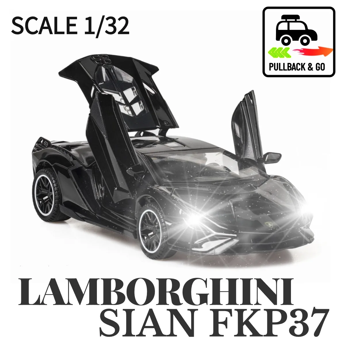 

1:32 Lamborghini Sian FKP37 Pullback Car with Lights Engine Sound, Audi BMW Diecast Car Model Scale Replica Gift Kid Boy Toy