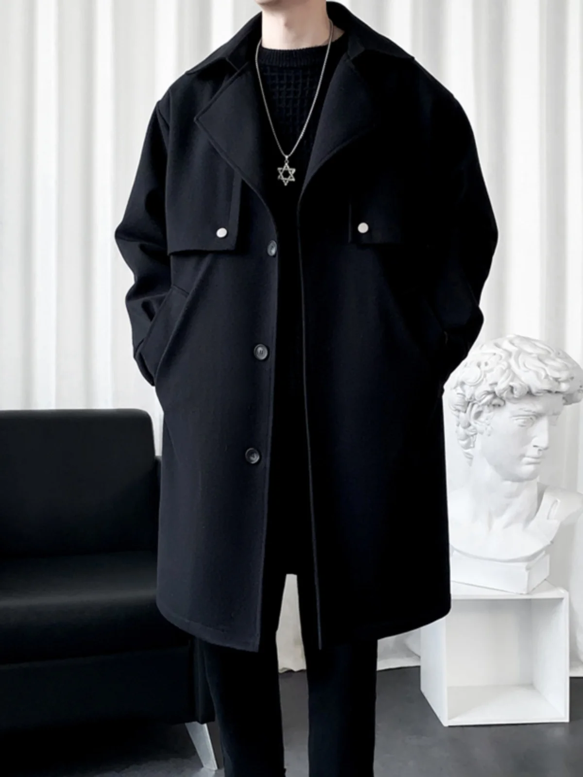 

Over-Knee Men's Woolen Coat Autumn Winter New Sle American Retro High-End Feeling Light Maturi Windbreaker Coat