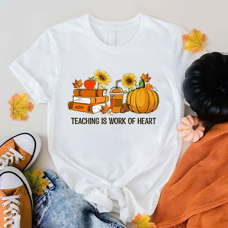 (Premium T-shirt)Fall Book Coffee Pumpkin Teaching Is Work Of Heart Print T-Shrits For Women Summer Short Sleeve Round Neck