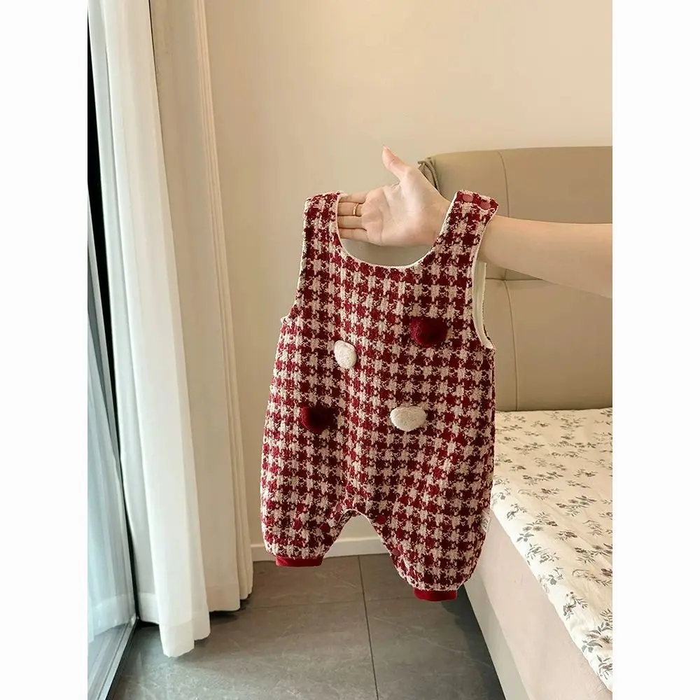 Korean winter style small fragrant style thick shoulder pants warm top festive baby love jumpsuit outdoor clothes