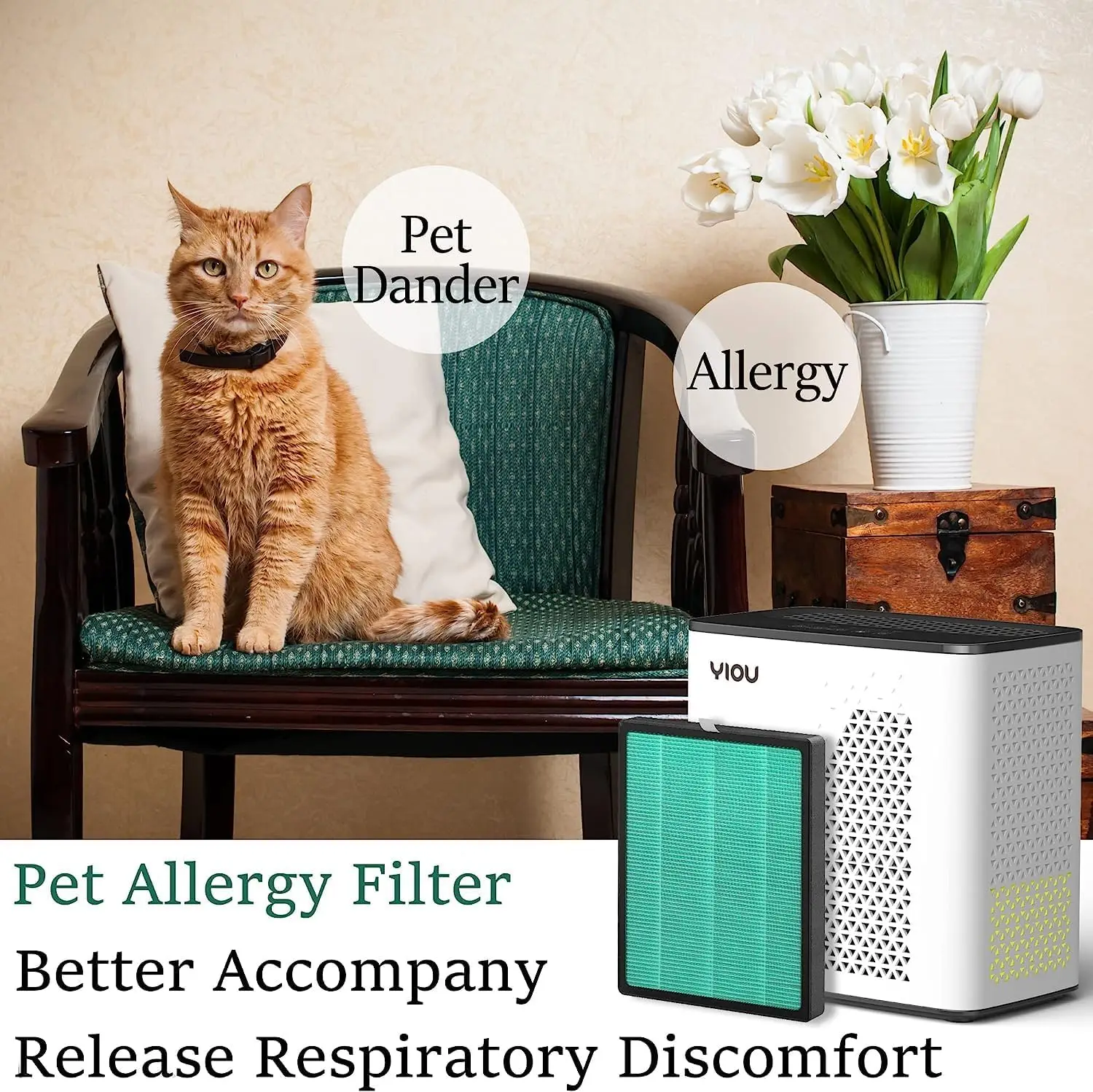 Очиститель воздуха для спальни, большая комната до 1295 футов, H13 True HEPA-фильтр для шерсти домашних животных, Wildfires, белый