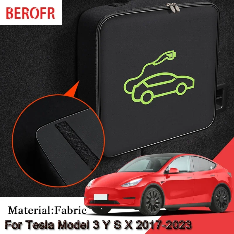 EV Car Charging Cable Storage Carry Bag For Tesla Model 3 Y S X 2017-2023 2024 Charger Plugs Sockets Waterproof Fire Retardant