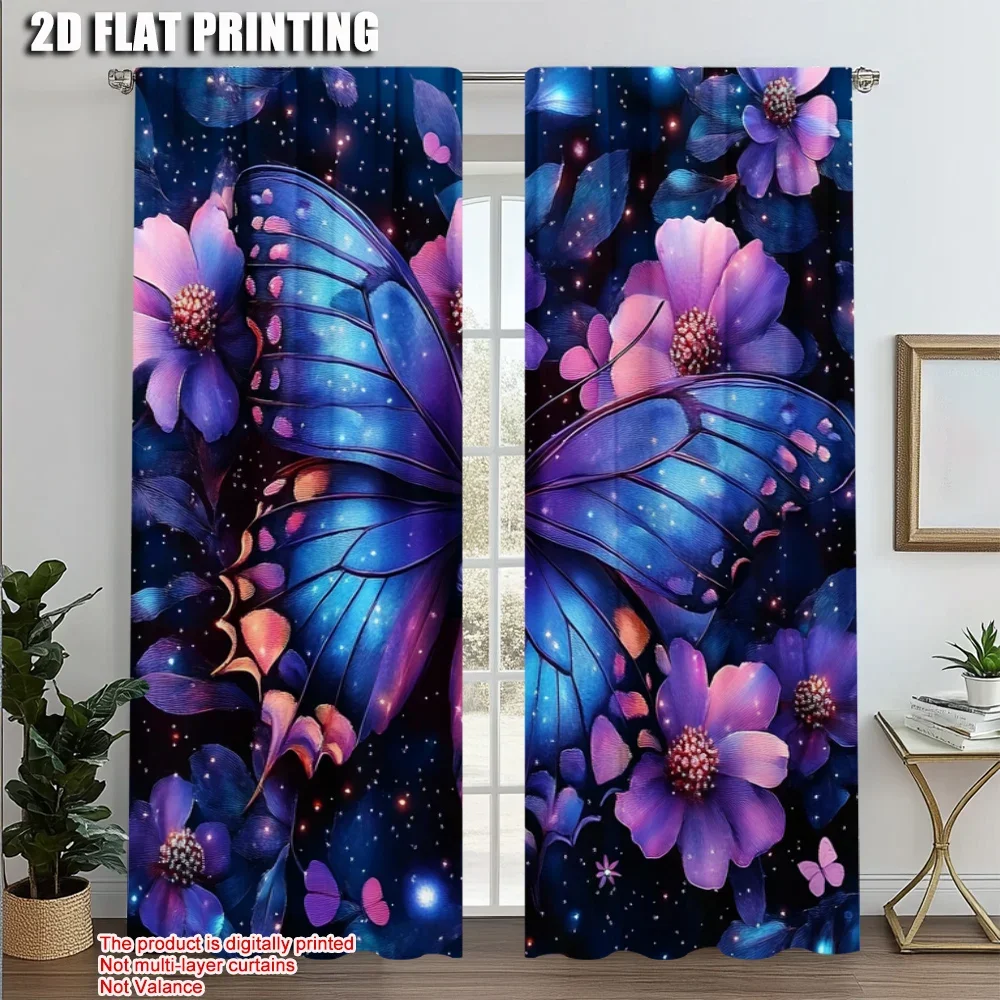 

2pcs, Popular Curtains 2D print Purple Butterfly Polyester Easy Install (without rod) Gifts Use for Living Room, Office,