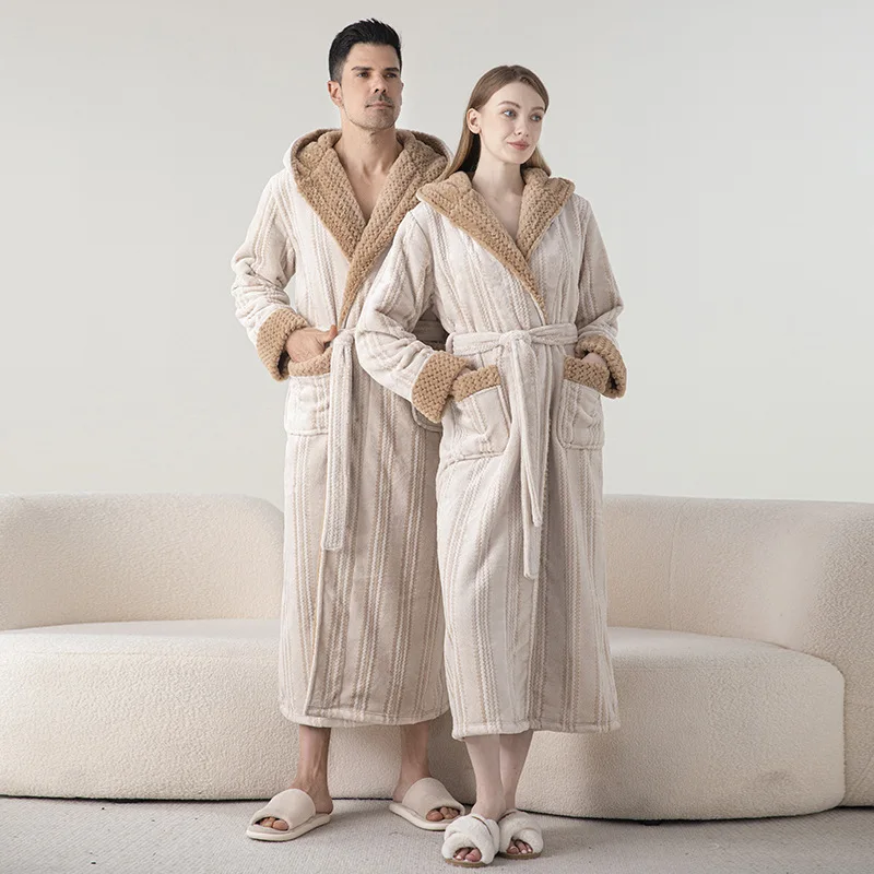 

Winter Thick Flannel Couple Long Robe Sleepwear Casual Warm Coral Fleece Hoode Kimono Bathrobe Gown Homewear Nightwear