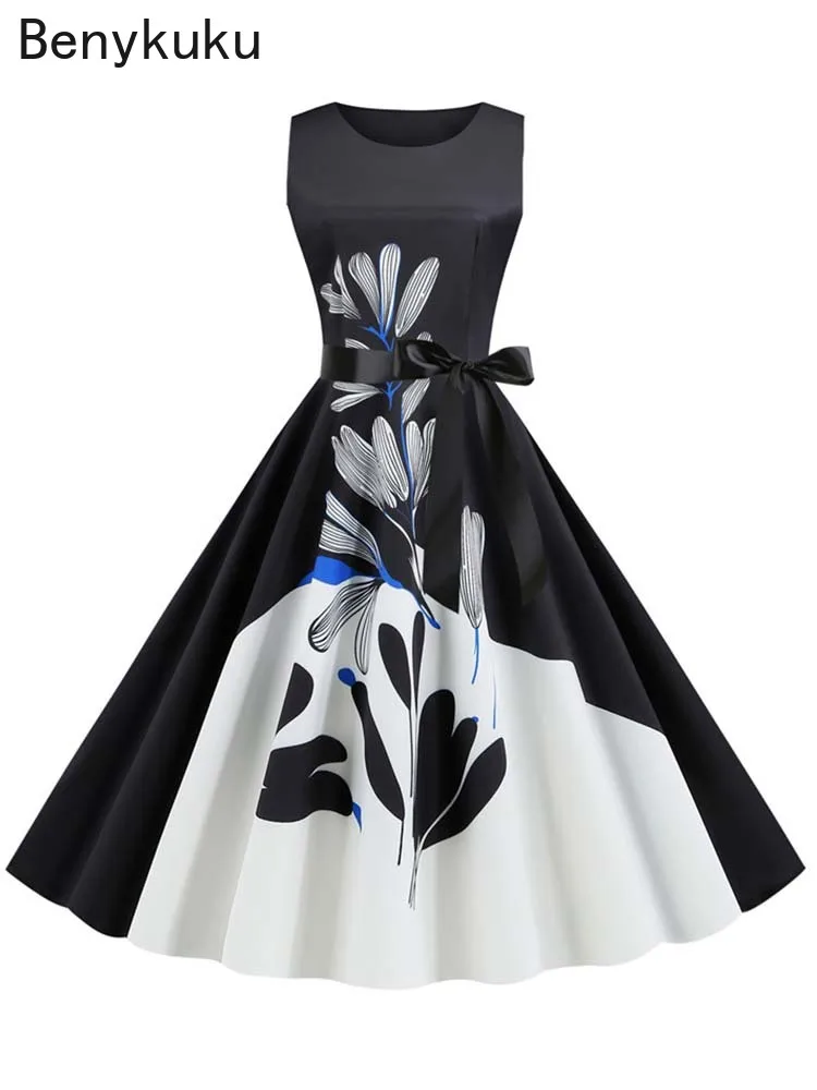 1950s Vintage Summer Dress Women Elegant Party Dresses Sleeveless Retro Swing Floral Print Casual Midi Sundress Goth Robe 2026