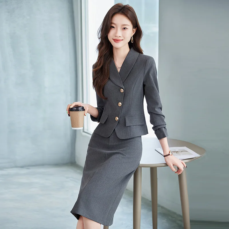 Autumn and Winter Short Grey Suit Jacket for Women 2024 New Commuting Single Breasted Professional Suit Half Skirt Set