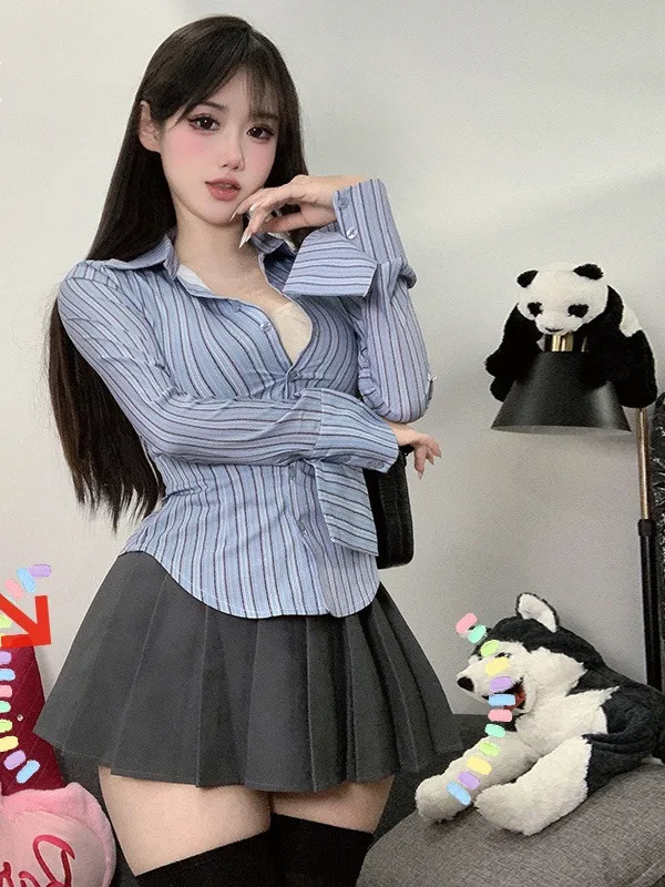 Summer Fashion Women\'s 2024 New Academy Style JK Uniform Fold Collar Cute Girl Sweet and Fresh Stripe Tight Elegant Dress RAWQ