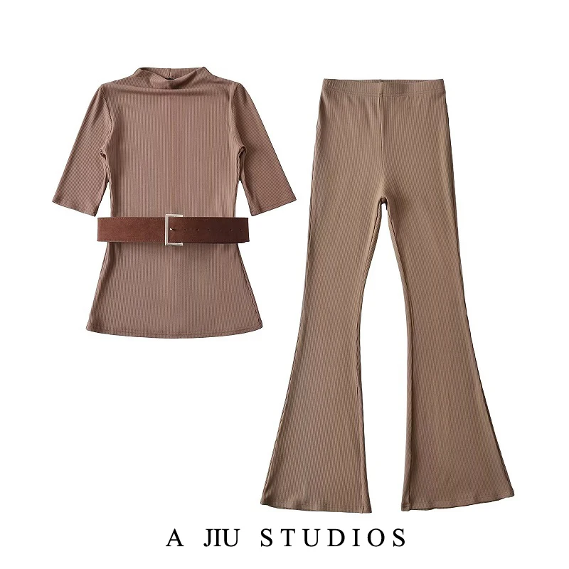 

Футболка Slim Fit mid Sve, комплект расклешенных брюк с высокой талией, женский модный эластичный топ с высоким воротником, комплект из двух предметов