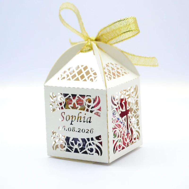 

Personalized Christening Party Decoration Laser cut First Communion Baptism White Light Blue Pink Gift Box