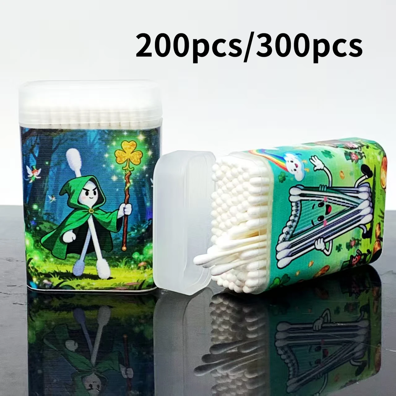 200 قطعة/300 قطعة مسحات قطنية مزدوجة الأطراف على طراز عيد القديس باتريك، مسحات قطنية ذات عمود رفيع للاستخدام المنزلي اليومي