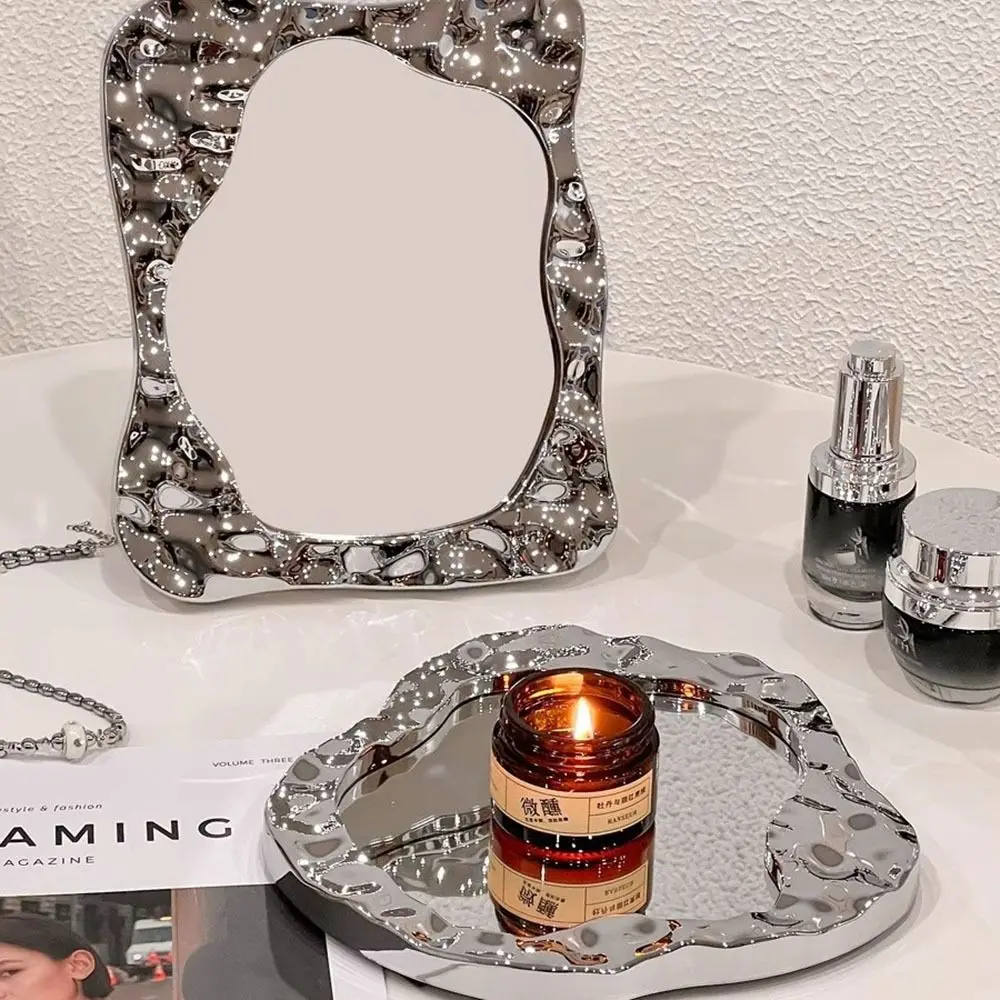 

Портативное зеркало для макияжа Ins, Несимметричное зеркало для туалетного столика с волнистым рисунком и подставкой, косметическое зеркало, зеркало с волнистым рисунком, подарок
