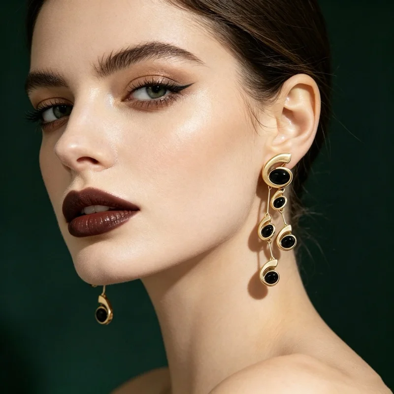 Women Art Deco Style Linear Earrings Gold Tone Musical Note Shaped Frames With Dangling Black Stones Trendy Formal Ear Accessori