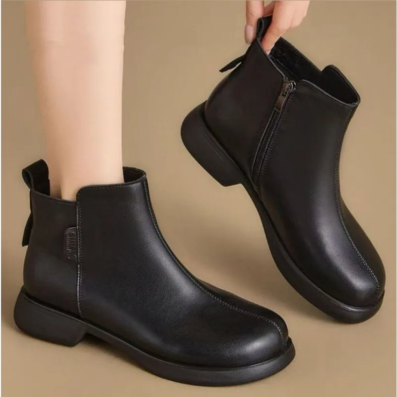 Women Faux Leather Ankle Boots, Round Toe Side Zipper Low Block Heel Simple Solid Color Casual Winter Daily Ladies Short Boots