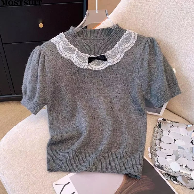 Grey Korean Style Sweater Pullovers Women Knitted Tops Short Sleeve Lace Bow O-neck Knitwear 2024 Summer Elegant Fashion Jumpers