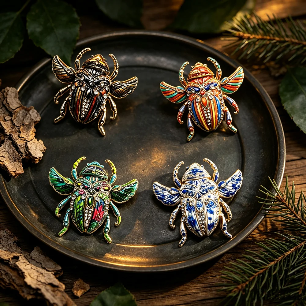 Vintage Beetle Insect Brooch Multicolor Enamel Rhinestone Scarab Pin Alloy Bug Badge for Women Suit Retro Fashion Jewelry Gift