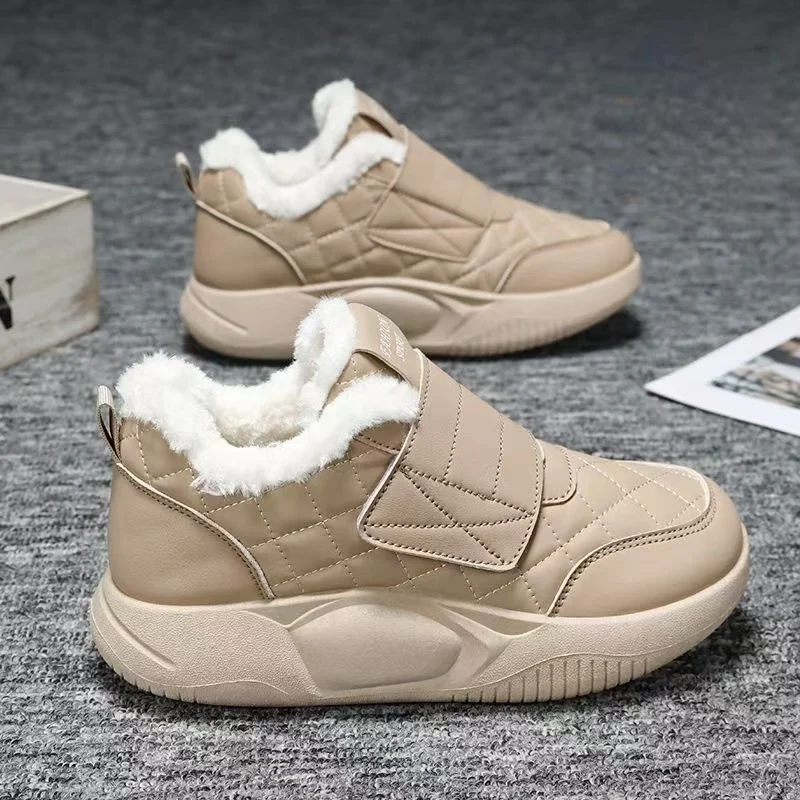 

Новые женские зимние непромокаемые ботильоны на плоской подошве, хлопковые ботинки на толстой подошве, нескользящие утолщенные плюшевые теплые зимние ботинки на липучке