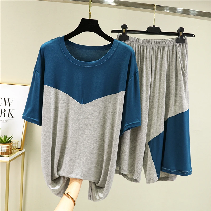 Men's Summer Sleepwear Loose Short Sleeve T-shirt Shorts Home Clothes Set plus Size Color Block Two-piece Modal Comfortable