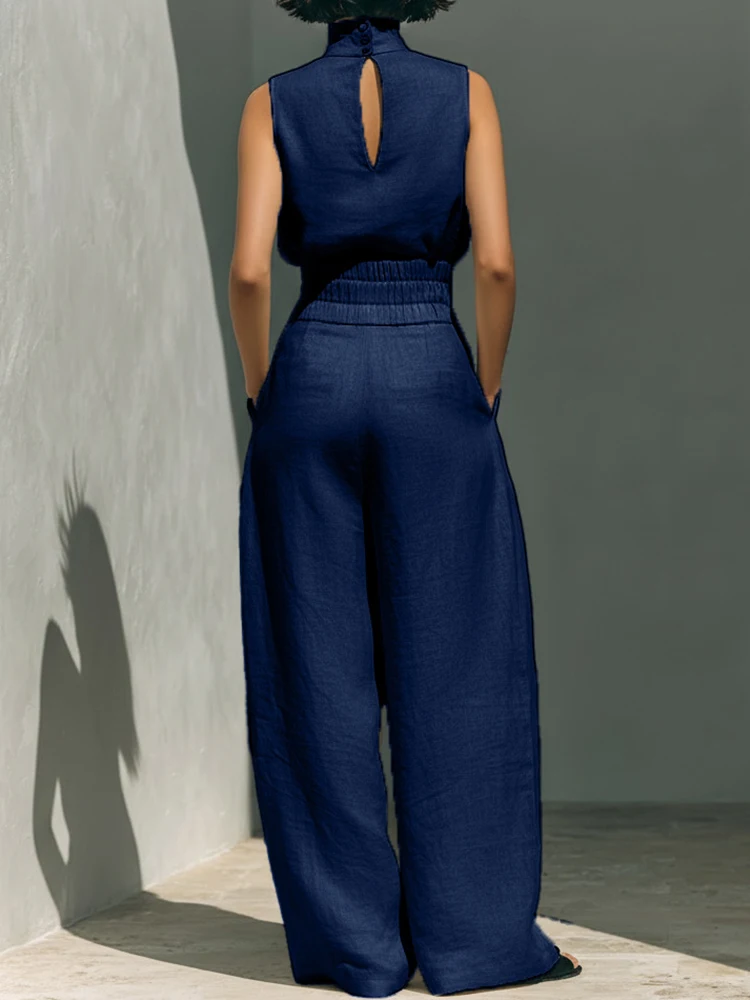 

New Women Turtleneck Sleeveless Pullover Top And Wide Leg Pants Two-Piece Set Solid Casual Outfits Streetwear Spring Summer 2026