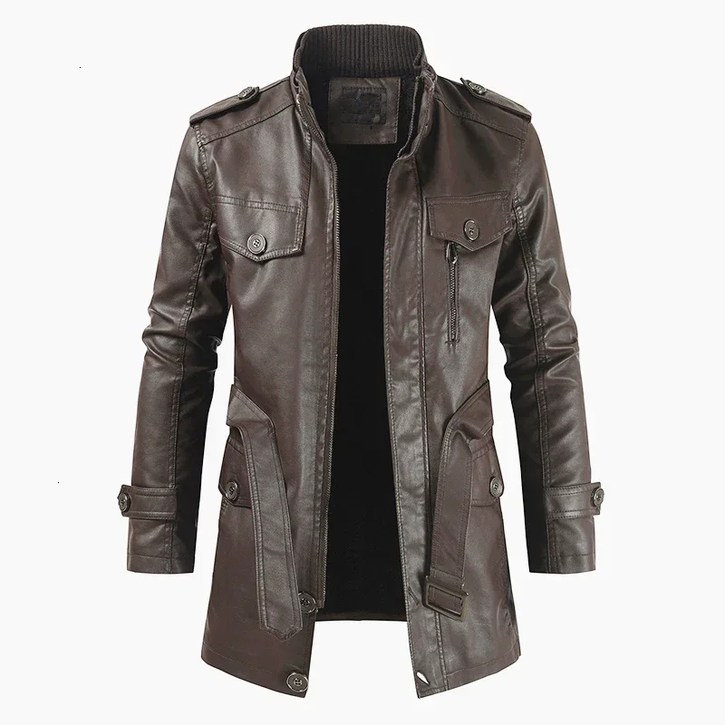 Men Winter Casual Long Warm Fleece PU Leather Jacket Coat Men Outwear Brand Thick Punk Motor Vintage Leather Jackets Men