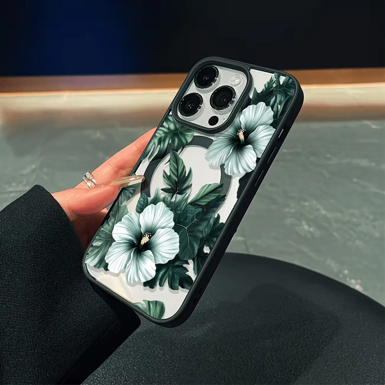 Green Floral Print Phone Case For iPhone 17 16 15 14 13 12 11 Pro XS Max X XR Plus Mini Air 17e 16e Clear MagSafe Magnetic Cover - view 2