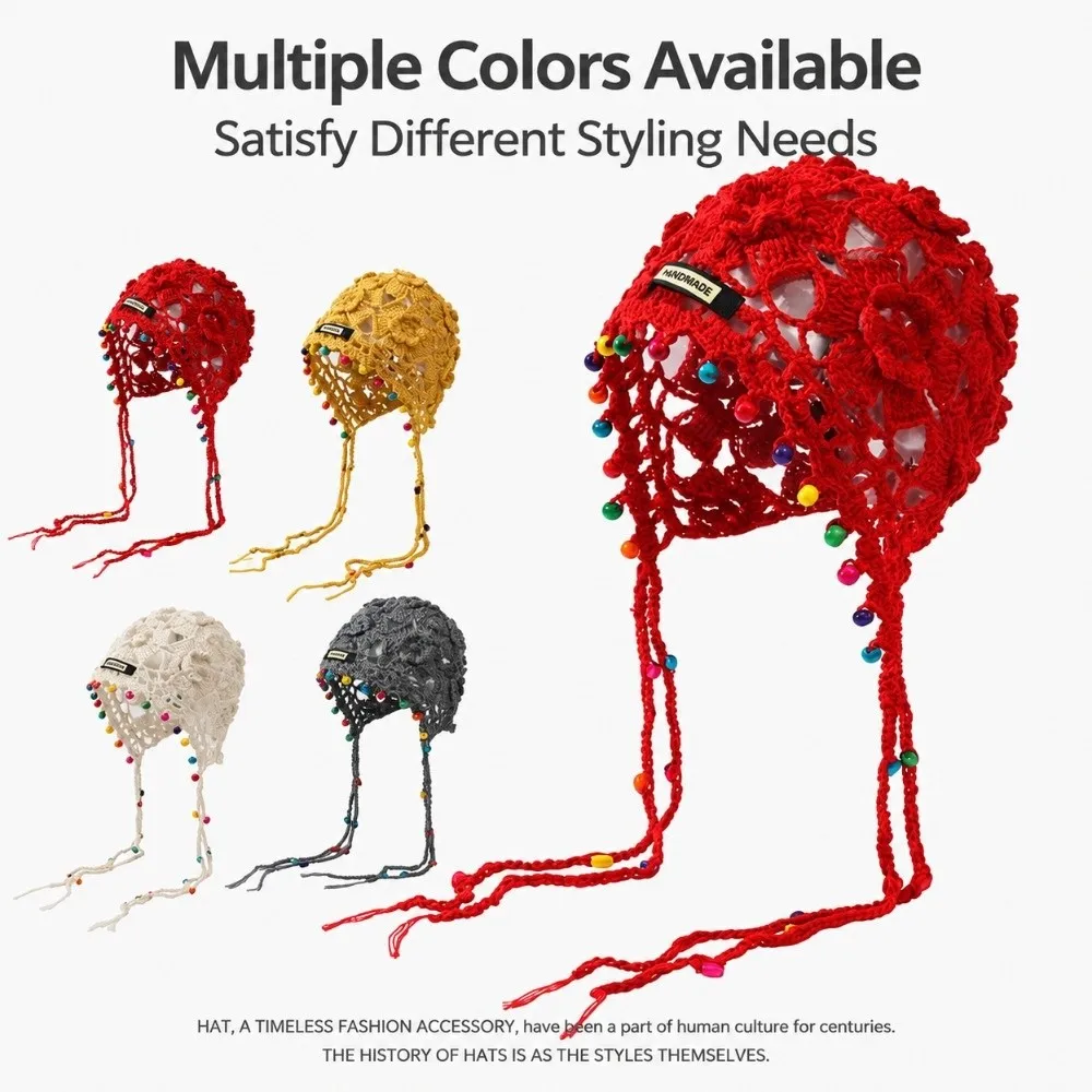 Openwork Crochet Knitted Beanie Drawstring Strap Soft Yarn Fabric Crochet Headwrap Color Bead Tassel Hand‑hooked Craft