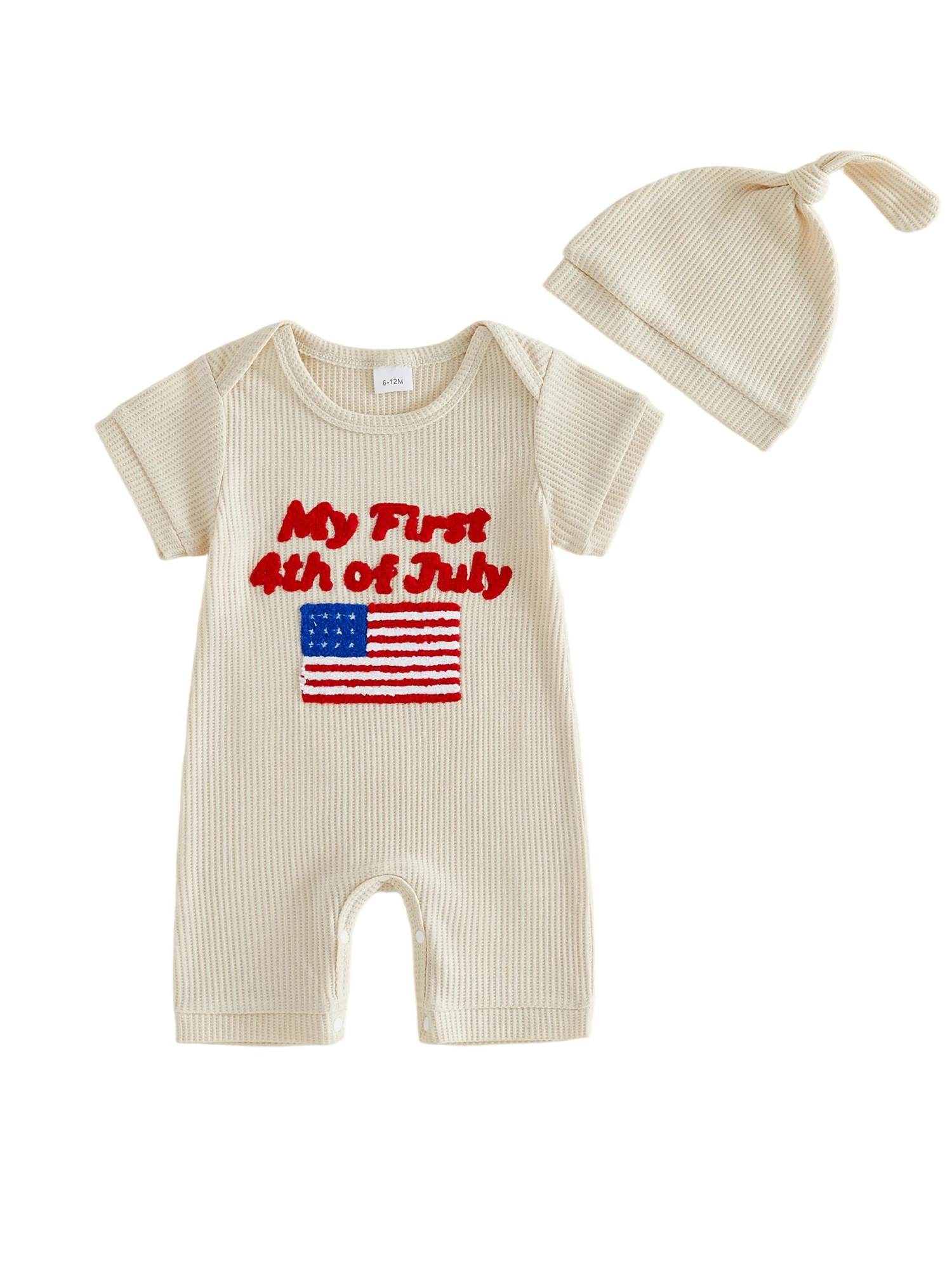 

Комплект для младенцев на 4-е июля: комбинезон с короткими рукавами, круглым вырезом и вышивкой американского флага, в комплекте с подходящей шапочкой, на День независимости