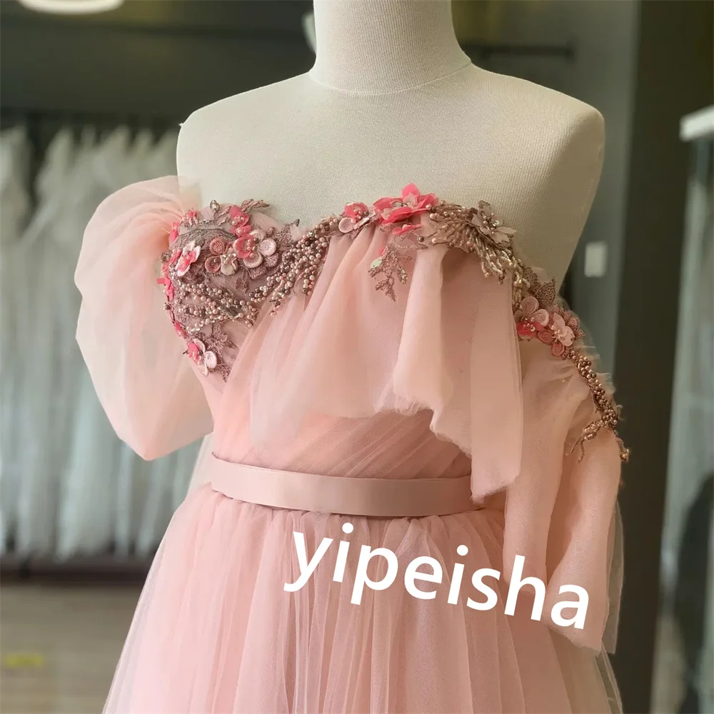 Vestido de tule com apliques plissados, linha A, ombro de fora, sob medida, vestidos midi