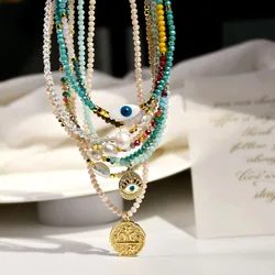 Bohemia Multilayer Colored Crystal  Beaded Choker Necklace Set for Women Evil Eyes Pearl Pendant Chain Dopamine  Fashion Jewelry