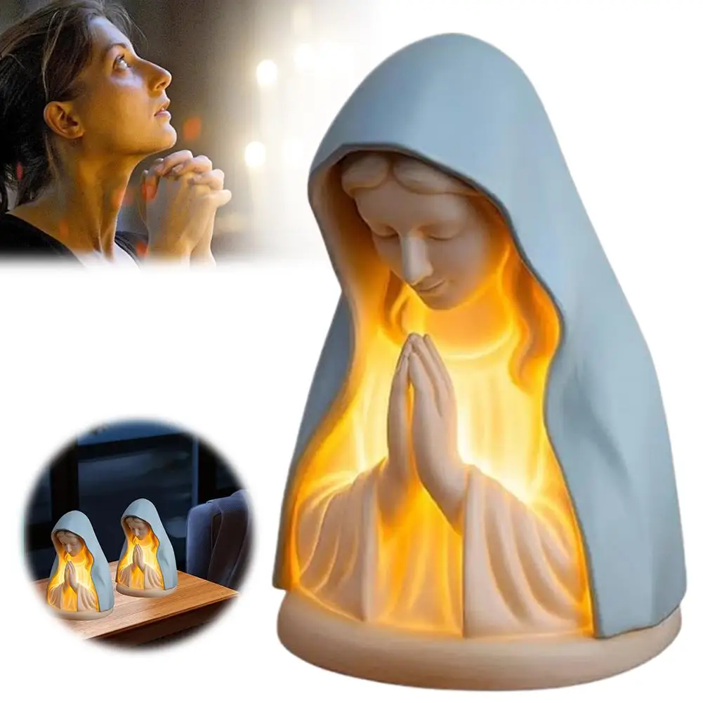 Virgin Mary Prayer Statue with Light, Christian Prayer Lamp for Home Christian Decor, Hand Painted Blessed Virgin Mary Statue