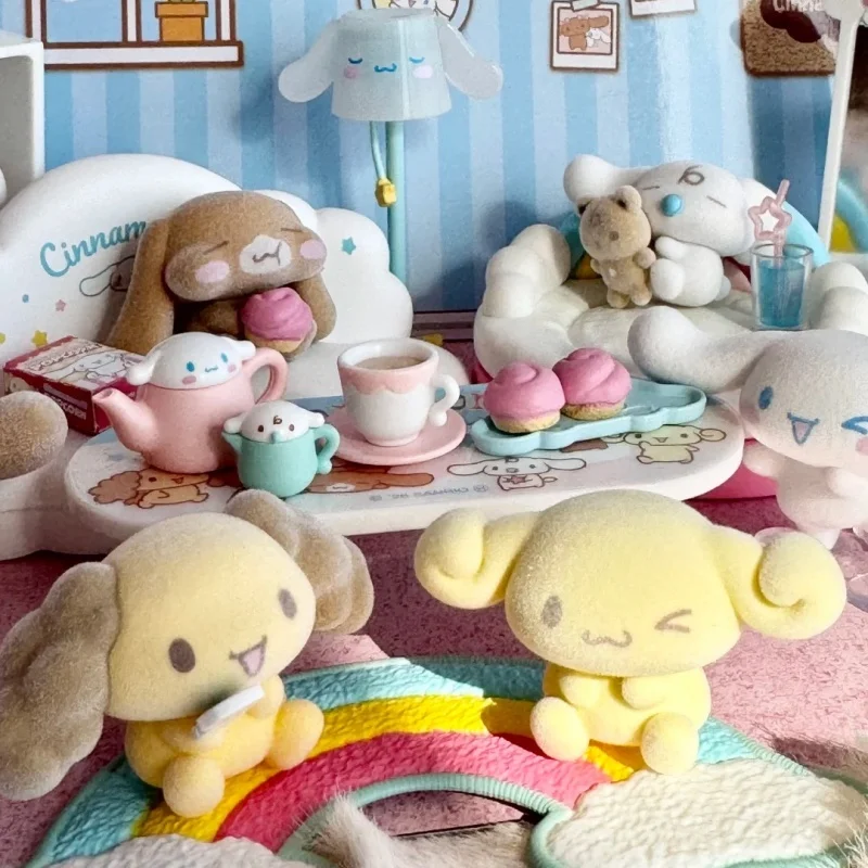 

Hot Re-Ment Sanrio Cinnamoroll Flocked Mini Doll Blind Box Miniature Relaxing Living Room Candy Toy Figure Set Toy Gift