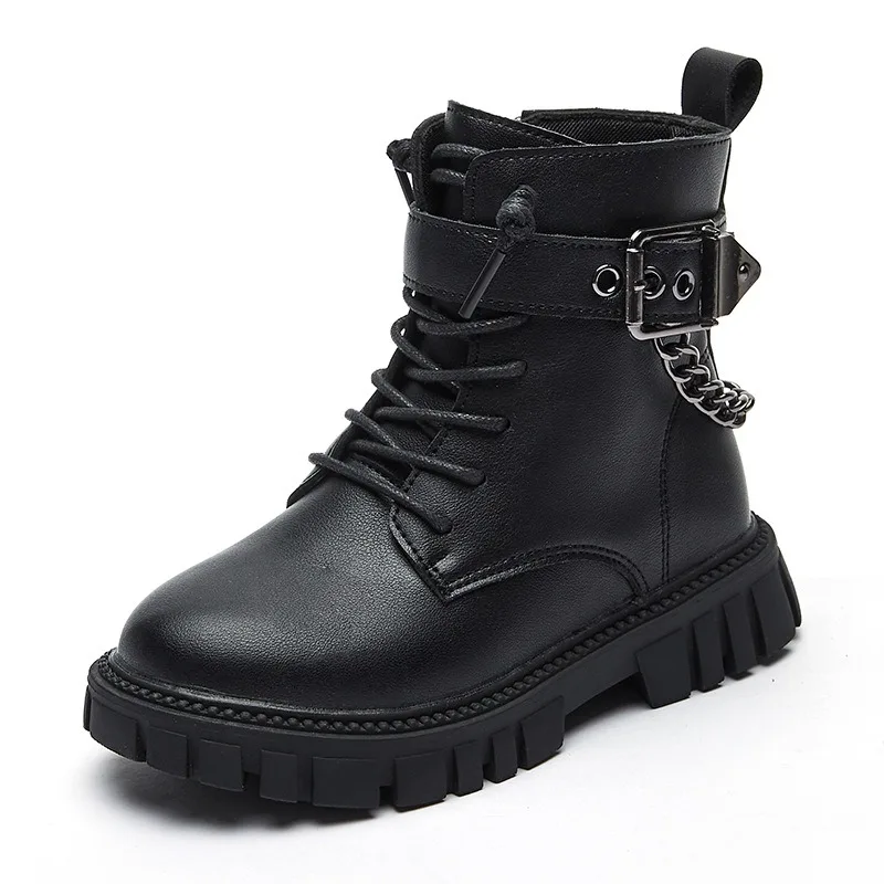 Girls Short Leather Boots with Chain Kids Ankle Boots Non Slip Thick Sole Children Fashion Boots Side Zipper 2026 Autumn Winter