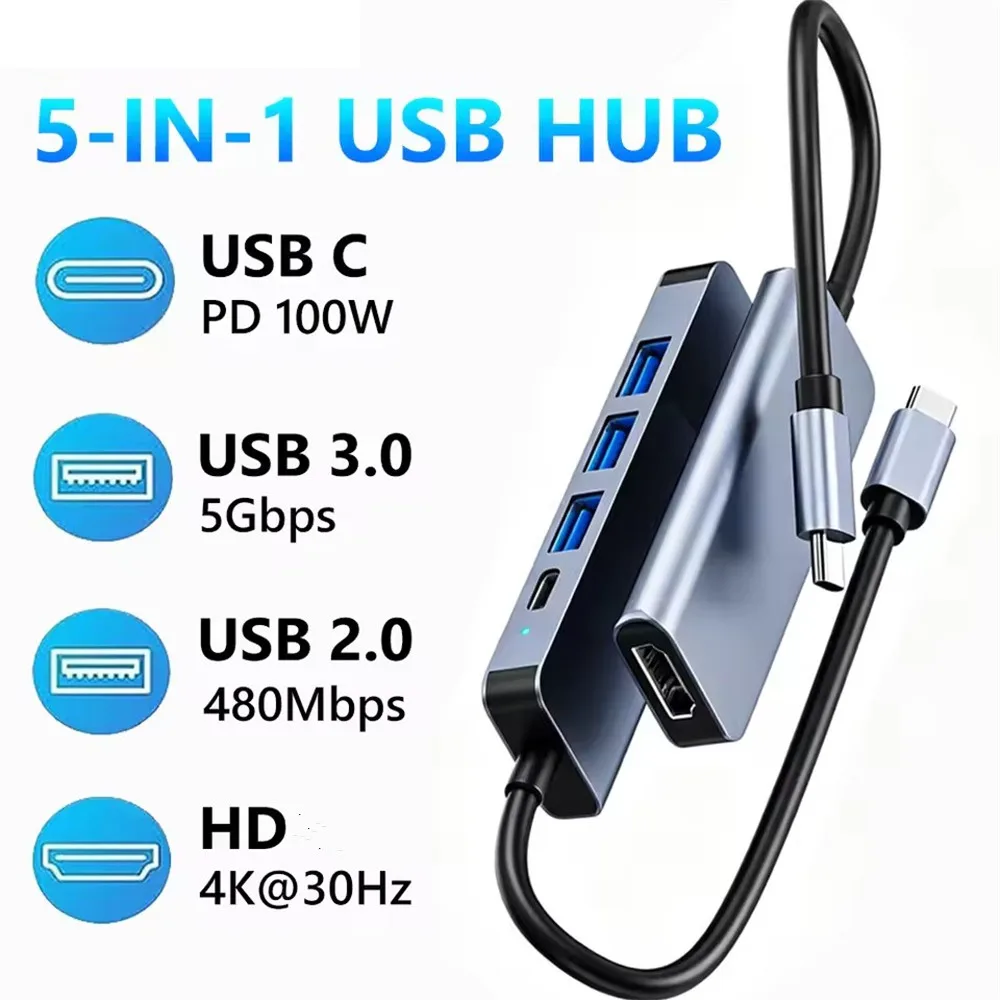 5 in 1 USB C Docking Station Type-C To HDMI-Compatibility HUB Multi port Splitter PD Charging USB Adapter For Laptop