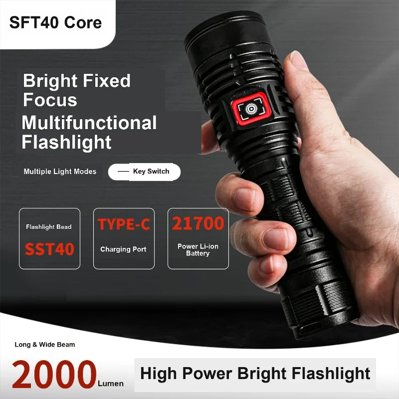 G40 Handheld Rechargeable Flashlight Fixed Focus with Long Battery Life Portable for Outdoor Long Range Use and Household Use