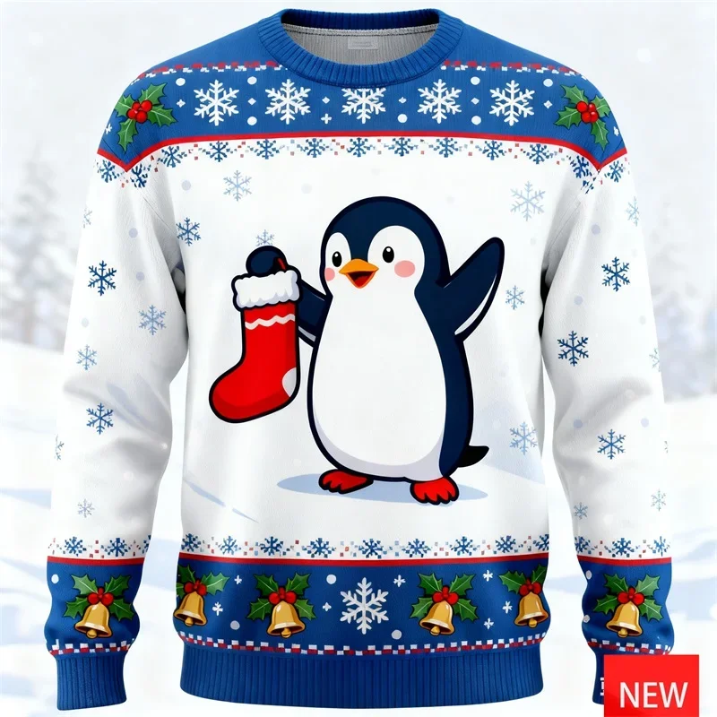 เสื้อสเวตเตอร์คริสต์มาสลายเพนกวินพิมพ์ 3 มิติ สำหรับผู้ชาย เสื้อสวมหัวสำหรับวันหยุดคริสต์มาส เสื้อคอกลมผู้ชาย