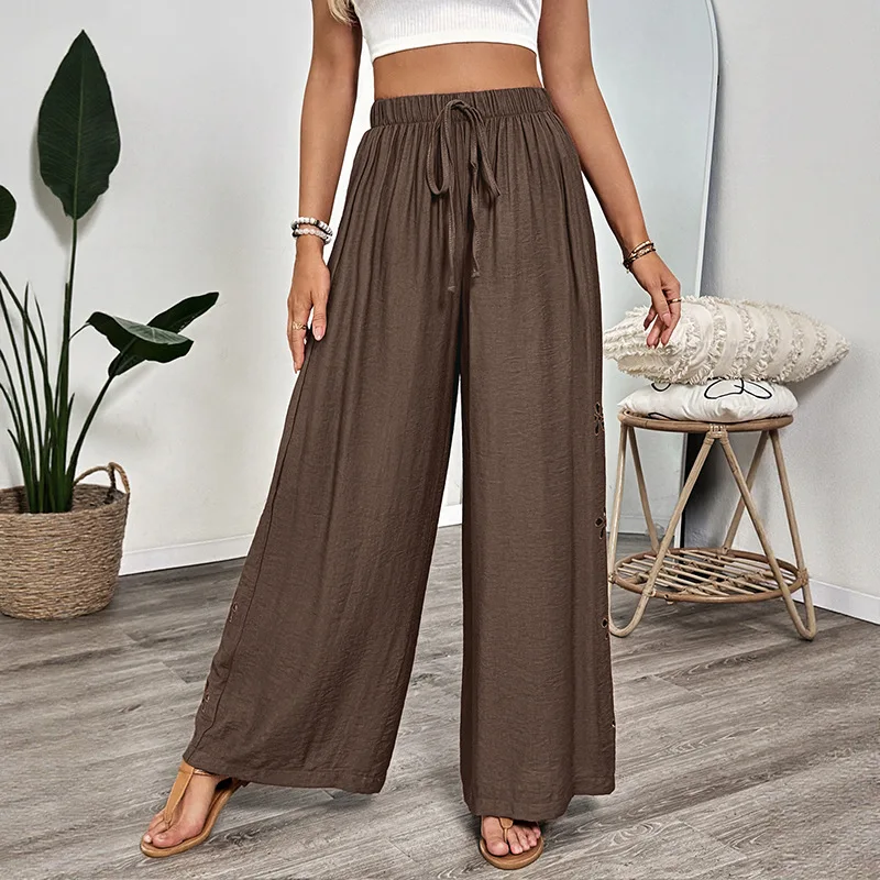 

2025 New Casual Simple Style Lace-up Embroidery Solid Color Loose Wide-leg Pants Thin Women